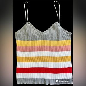 Women’s Sweater Knit V Neck spaghetti Strap Tank Top in Multicolored Stripe Sz S